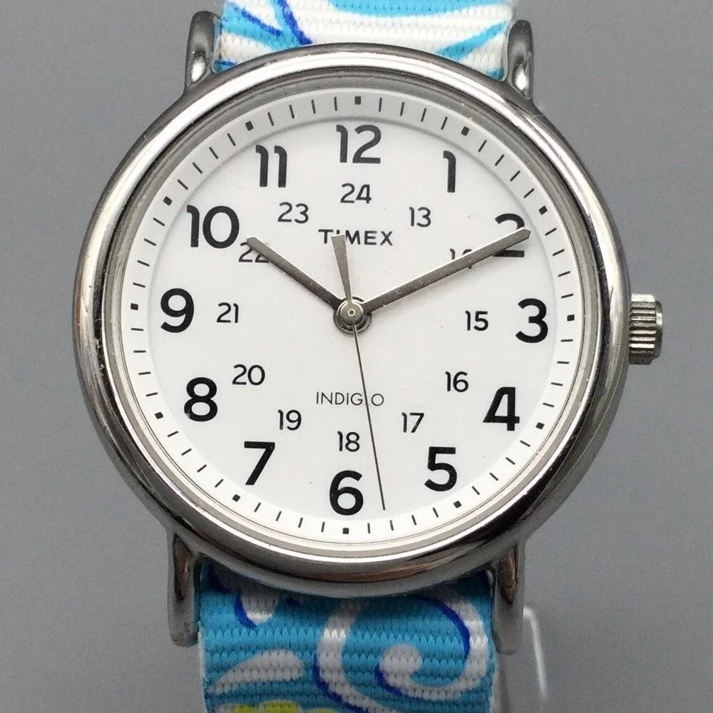 Timex Womens Watch 38mm White Dial Blue Floral Nylon Band Indiglo TW2R24000 - Picture 1 of 15